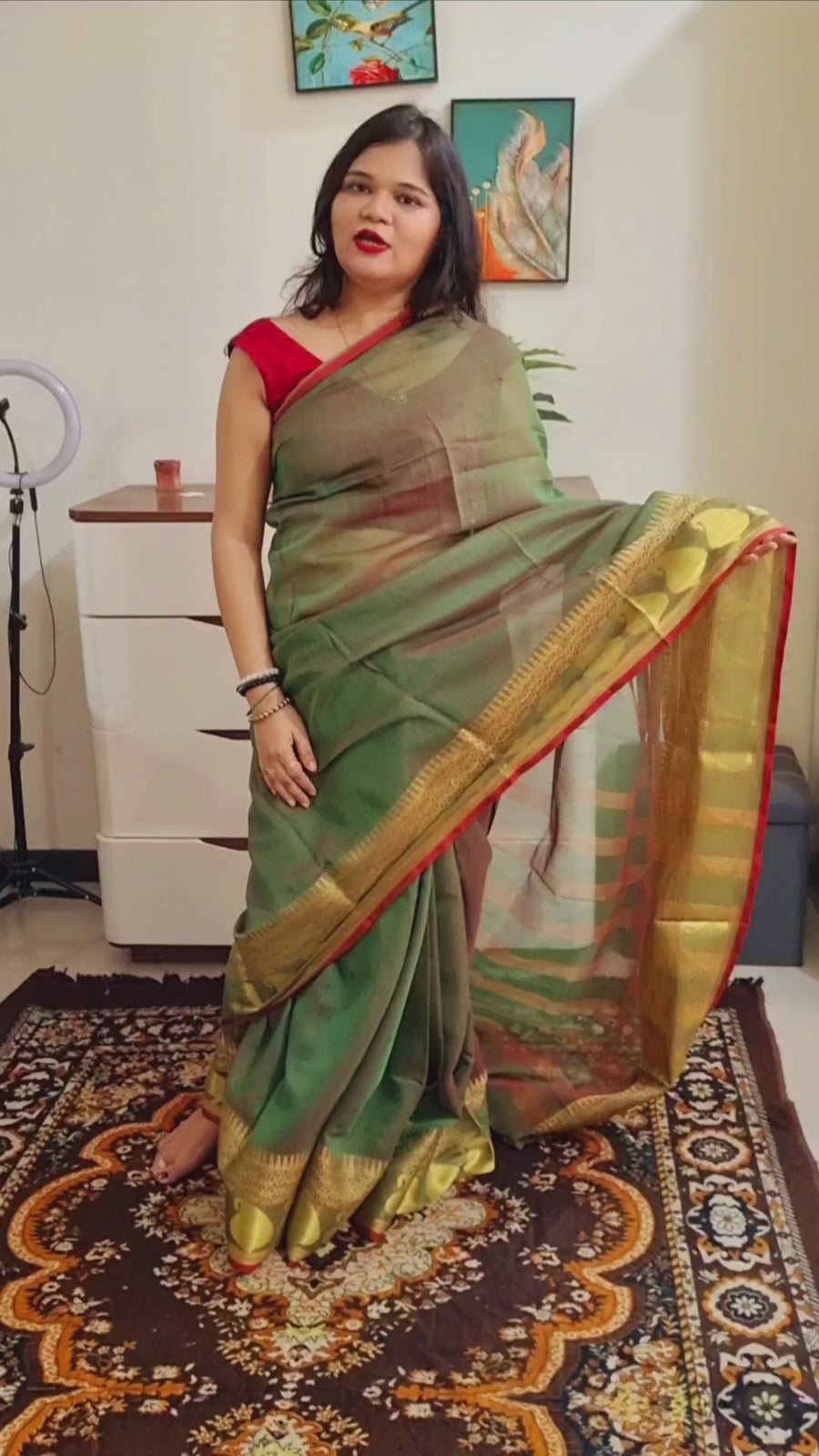 Dual tone mehandi green premium cotton saree