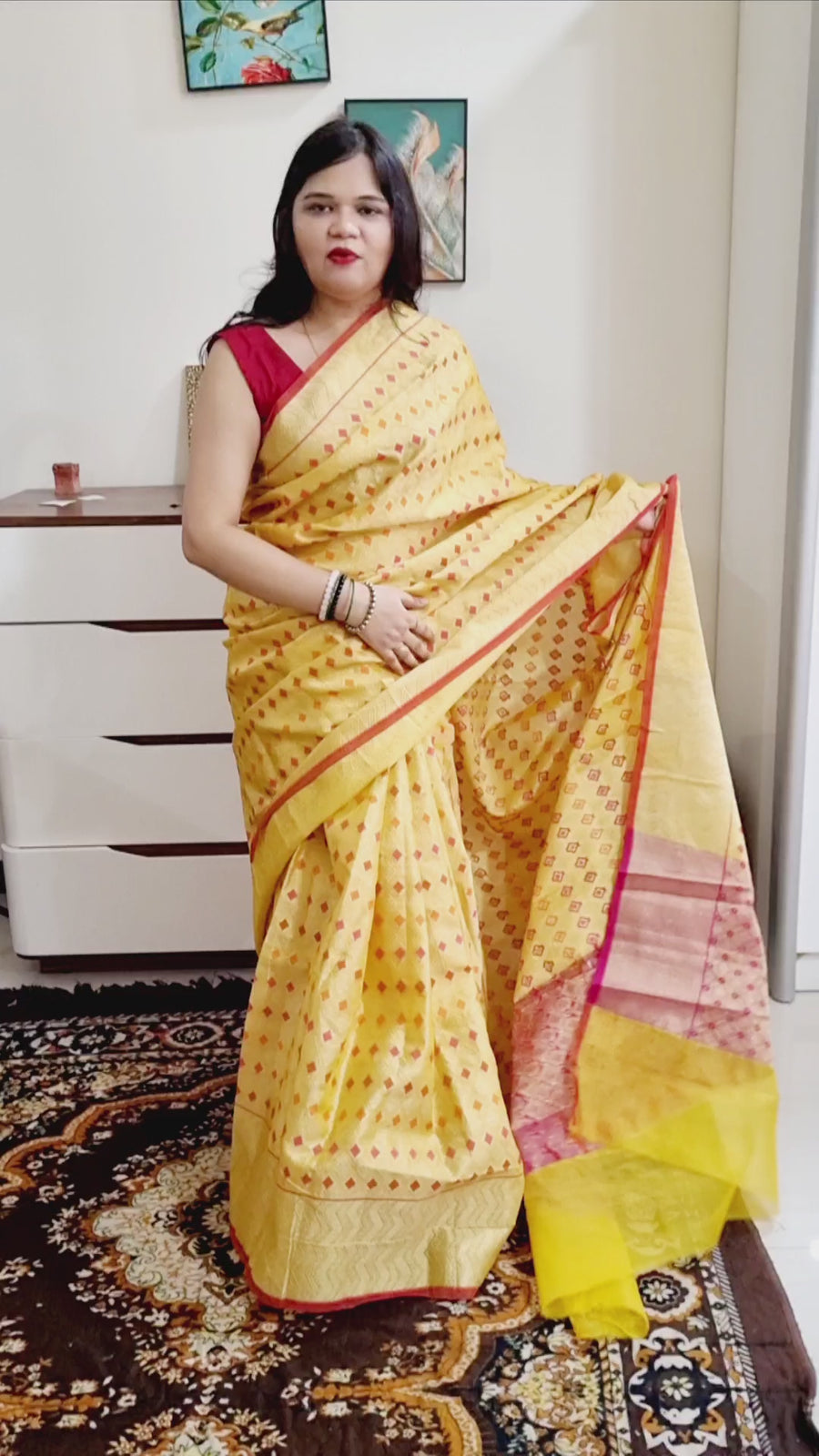 Kota silk weaving yellow saree with geometri pattern