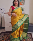 Mustard green rich border silk cotton saree