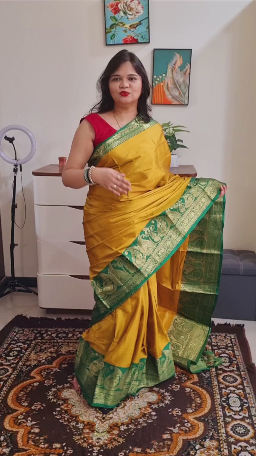 Mustard green rich border silk cotton saree