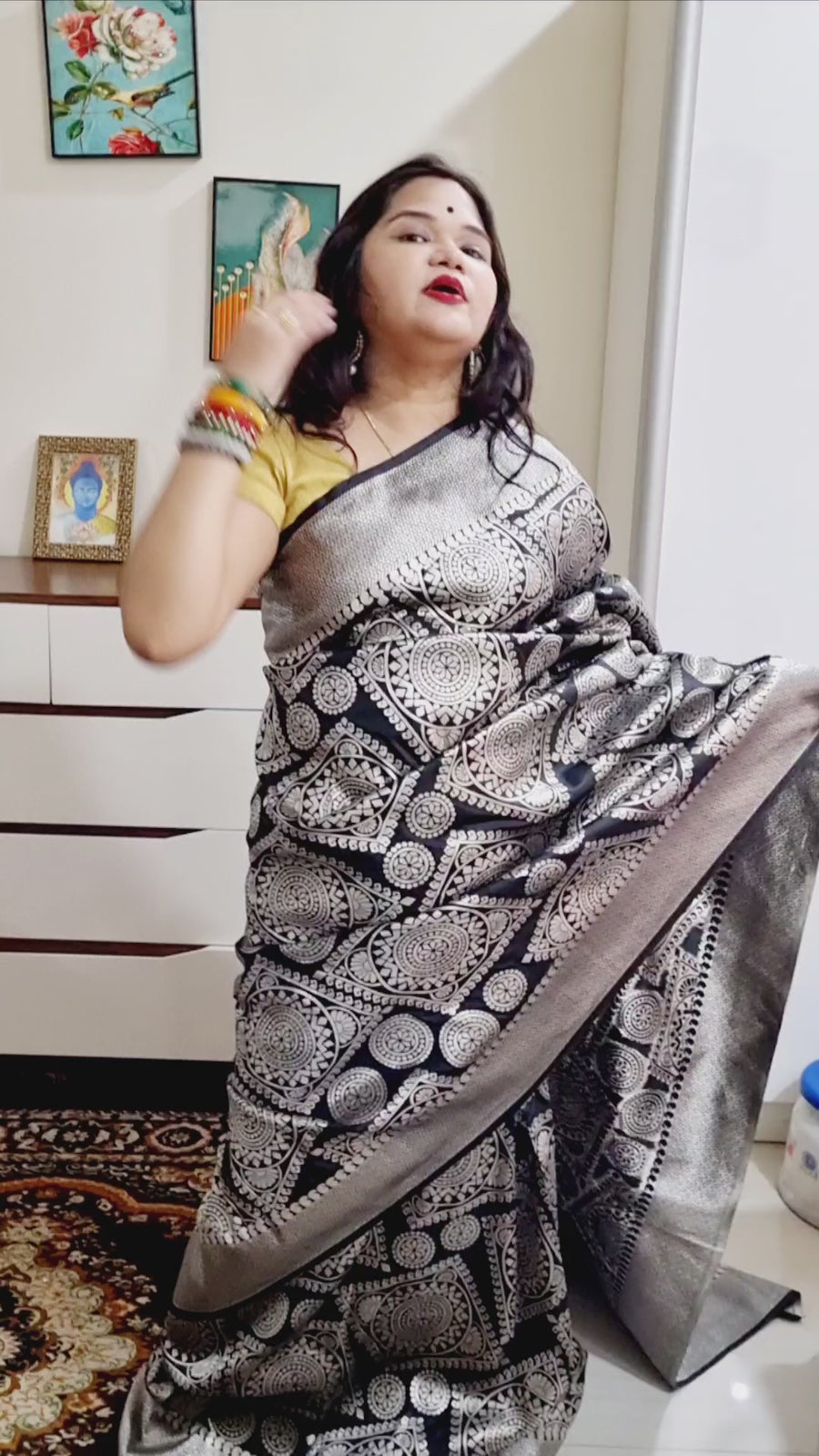 Black Silver zari weaving geometrical pattern silk saree