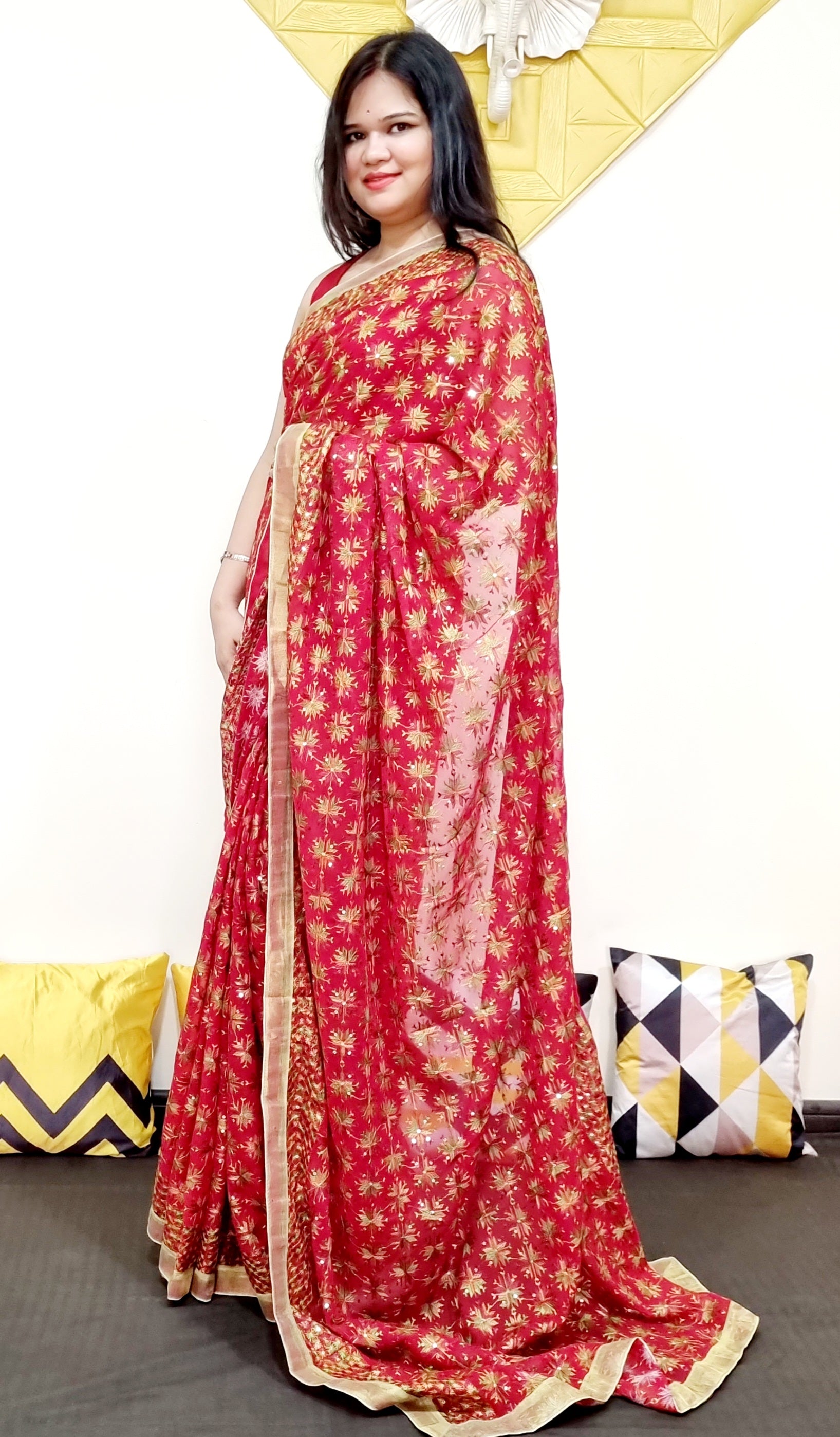 Multicolor resham thread work Red color Phulkari