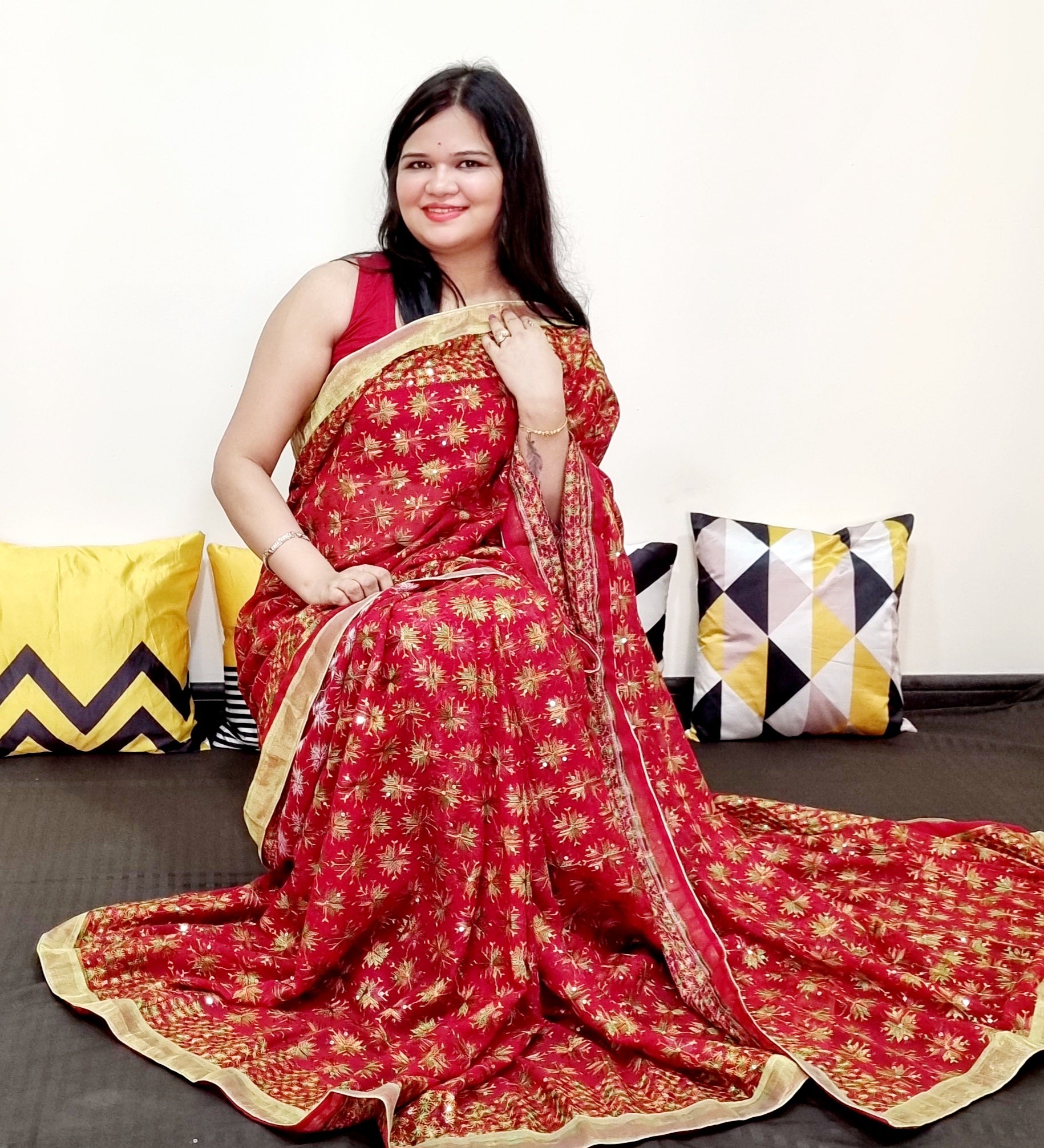 Multicolor resham thread work Red color Phulkari