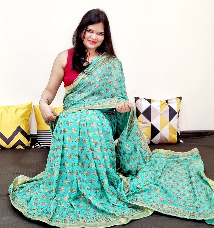 Teal (rama) Green multicolor resham thread work Phulkari