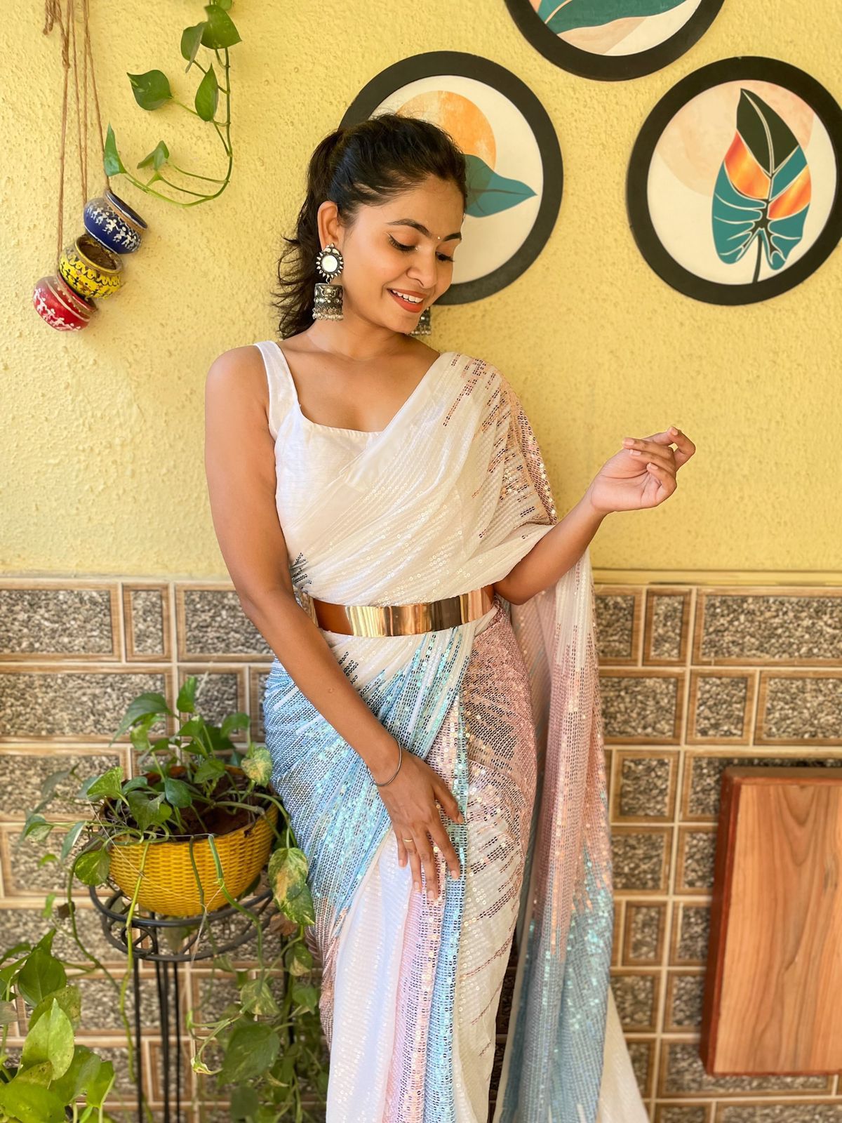 Ready to wear sequins work saree.